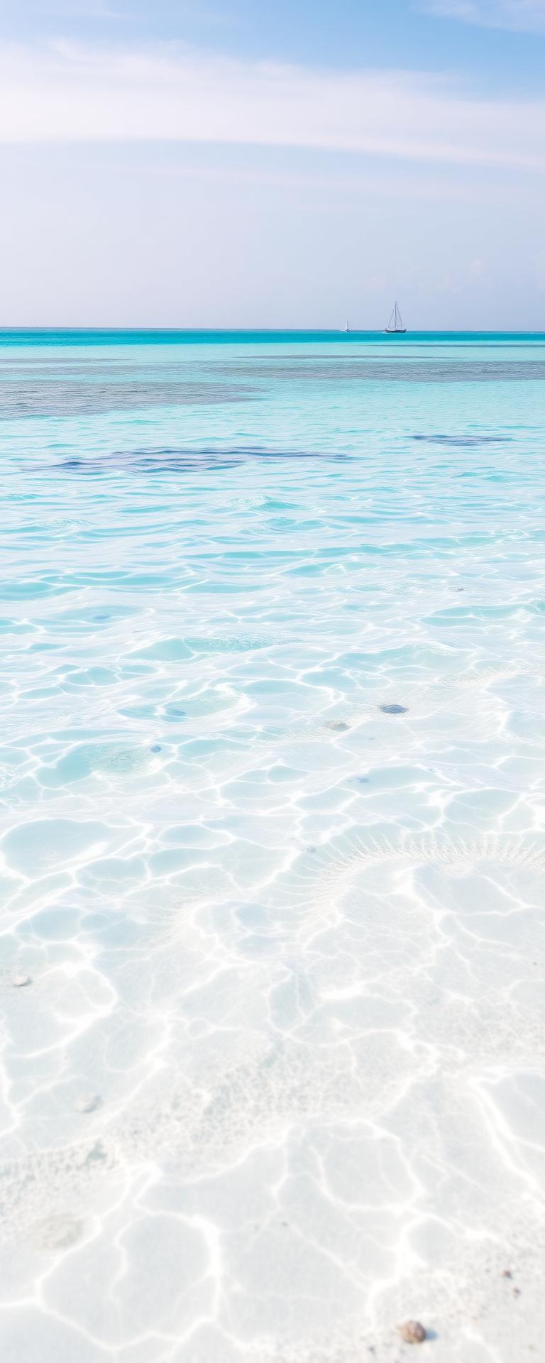 Calm aqua water with sailboats on the horizon